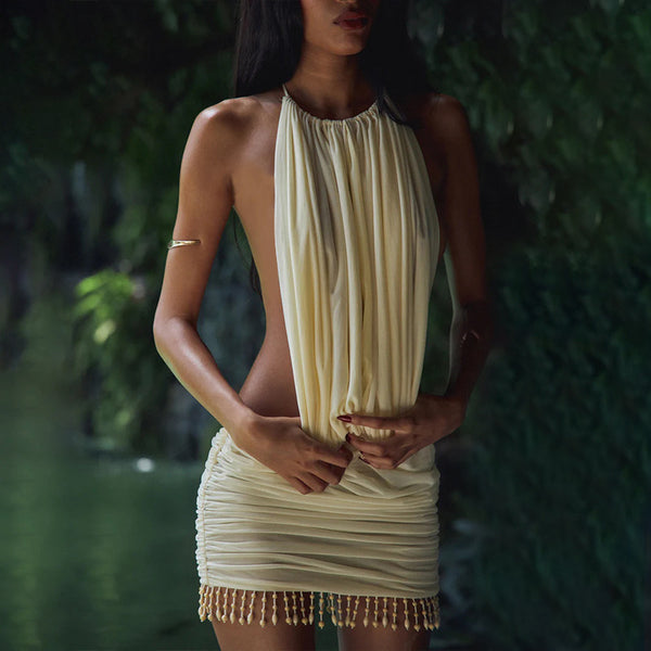 Sexy backless solid color slim fit hip dress
